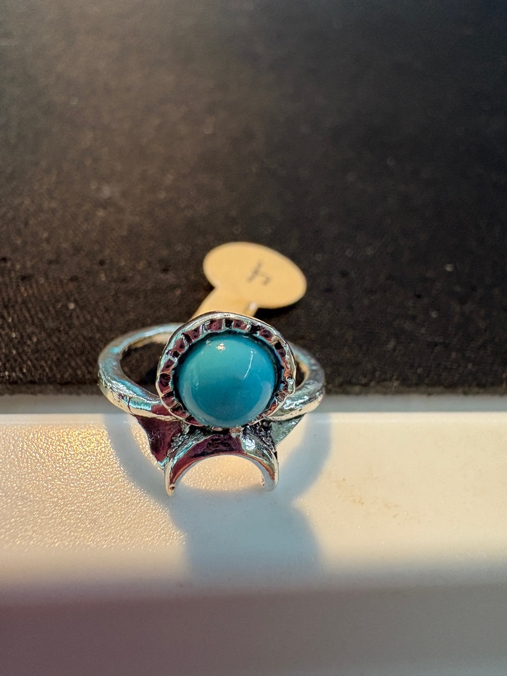 Silver Tone Ring with Turquoise Blue Cabochon Size 4
